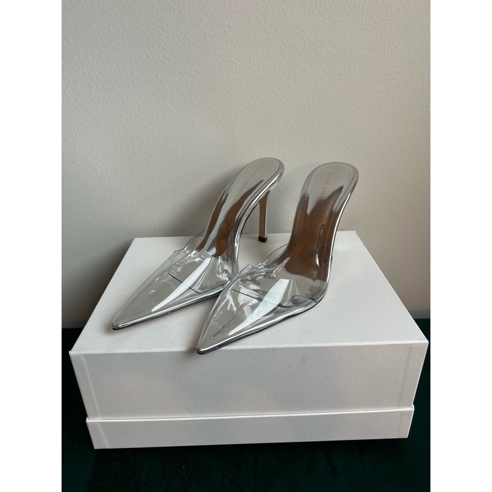 Good American, clear, mule, stilettos, never worn